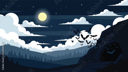 Flat vector illustration of bats flying out of a cave at dusk, nocturnal wildlife activity and ecosystem balance concept for education themes