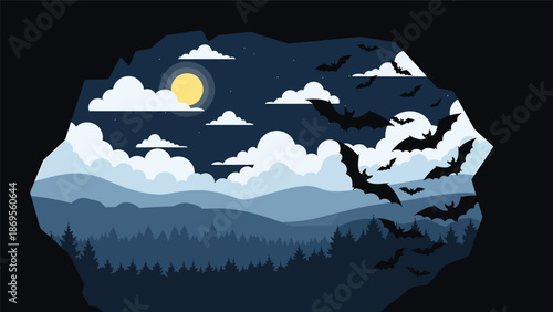 Flat vector illustration of bats flying out of a cave at dusk, nocturnal wildlife activity and ecosystem balance concept for education themes