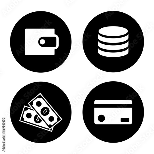 Payment options. Cash, card, wallet, and coins. Vector flat black icon.