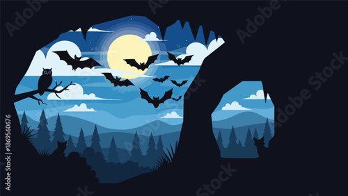 Flat vector illustration of bats flying out of a cave at dusk, nocturnal wildlife activity and ecosystem balance concept for education themes