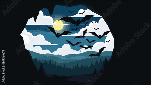 Flat vector illustration of bats flying out of a cave at dusk, nocturnal wildlife activity and ecosystem balance concept for education themes