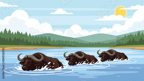 Flat vector illustration of buffalo crossing a river together, wildlife migration and herd behavior shown for conservation and educational storytelling