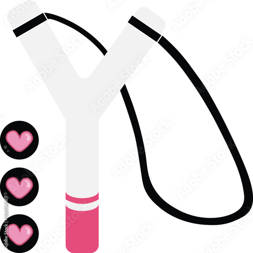 Flat vector illustration of a slingshot with heart-shaped projectiles, combining love and playful symbolism in a modern minimalist style.