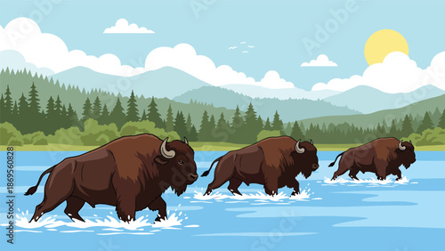 Flat vector illustration of buffalo crossing a river together, wildlife migration and herd behavior shown for conservation and educational storytelling