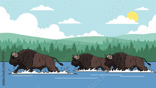 Flat vector illustration of buffalo crossing a river together, wildlife migration and herd behavior shown for conservation and educational storytelling