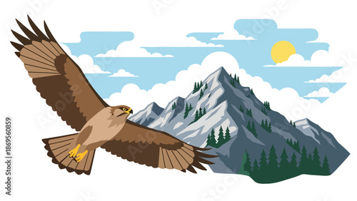 Flat vector illustration of a hawk soaring above mountains, wildlife flight behavior and aerial perspective shown for education and nature concepts