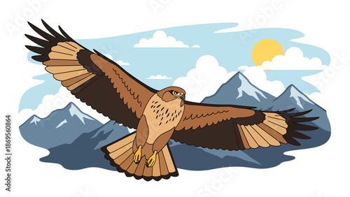 Flat vector illustration of a hawk soaring above mountains, wildlife flight behavior and aerial perspective shown for education and nature concepts