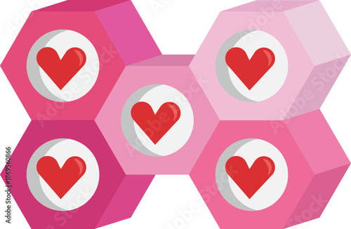 Modern flat vector illustration of connected hexagonal blocks with red heart icons in the center, forming a honeycomb-style arrangement.