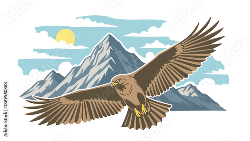 Flat vector illustration of a hawk soaring above mountains, wildlife flight behavior and aerial perspective shown for education and nature concepts