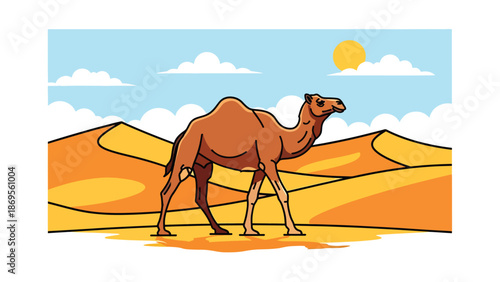 Flat vector illustration of a camel walking across desert dunes, wildlife survival behavior in extreme habitat shown for educational nature use