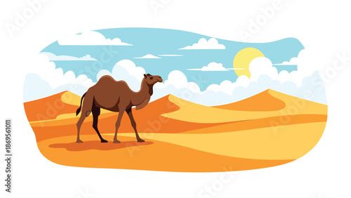 Flat vector illustration of a camel walking across desert dunes, wildlife survival behavior in extreme habitat shown for educational nature use