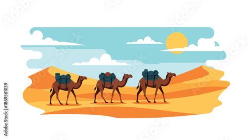 Flat vector illustration of a camel walking across desert dunes, wildlife survival behavior in extreme habitat shown for educational nature use