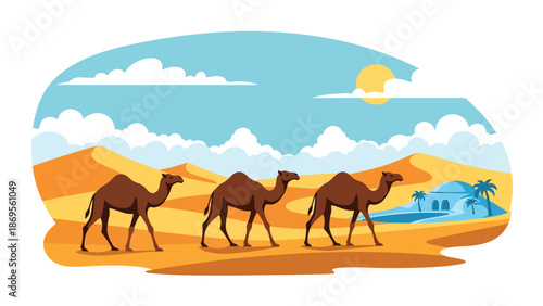 Flat vector illustration of a camel walking across desert dunes, wildlife survival behavior in extreme habitat shown for educational nature use