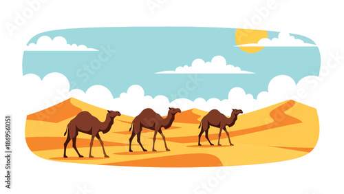 Flat vector illustration of a camel walking across desert dunes, wildlife survival behavior in extreme habitat shown for educational nature use