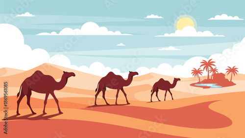Flat vector illustration of a camel walking across desert dunes, wildlife survival behavior in extreme habitat shown for educational nature use