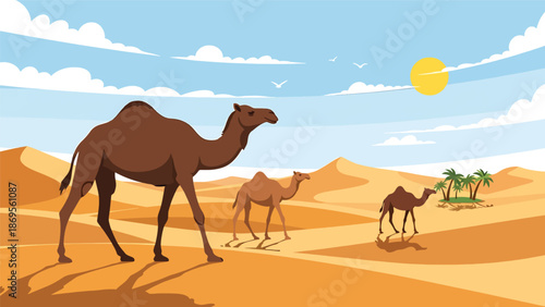 Flat vector illustration of a camel walking across desert dunes, wildlife survival behavior in extreme habitat shown for educational nature use