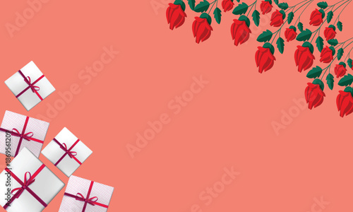 Beautiful illustration of white gift boxes with red ribbons and vibrant red roses on a warm backdrop, conveying romance and celebration