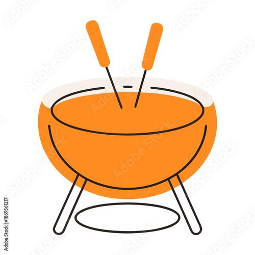 Cheese fondue pot with skewers on a simple background  