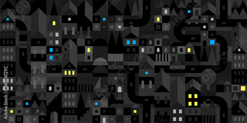 Simple Seamless Dark Abstract Night City Geometric Pattern Vector Illustration Background Template