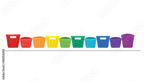 A row of colorful woven baskets in different sizes.