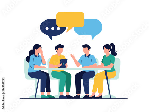A group of people sitting around a table having a discussion with speech bubbles