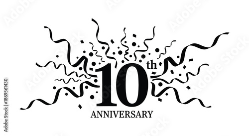 Celebratory tenth anniversary design with confetti and ribbons a striking silhouette