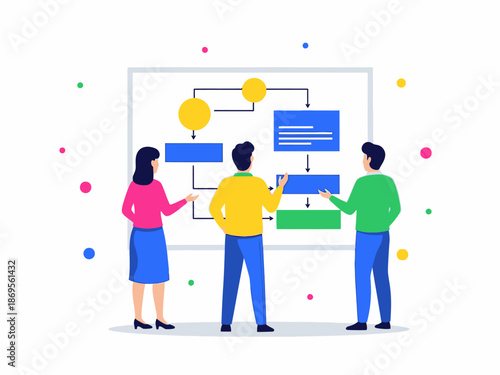 Illustration of people in business casual clothing looking at a flowchart on a board with colorful dots
