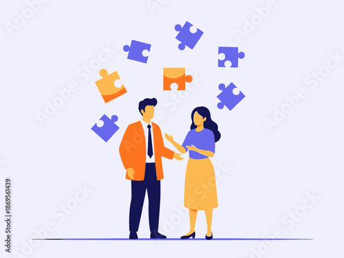 A man and woman shaking hands with puzzle pieces floating around them