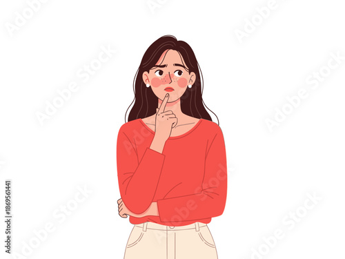 A cartoon woman in a red shirt with her finger on her chin looking thoughtful