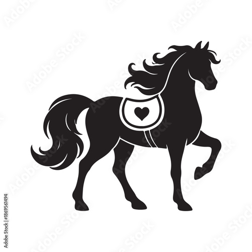 Elegant black silhouette of a majestic prancing horse illustration, adorned with a decorative saddle pad featuring a charming heart symbol, perfect for equestrian designs and romantic themes