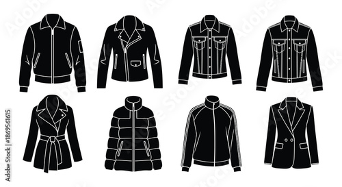 A collection of black and white fashion coats and jackets illustrations