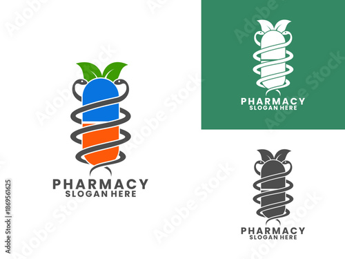 Capsule pill with medical snake and leaf logo design vector template. Creative Pharmacy logo icon design vector.