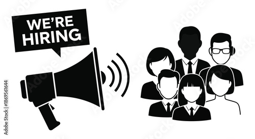 We re hiring announcement with a group of people in silhouette