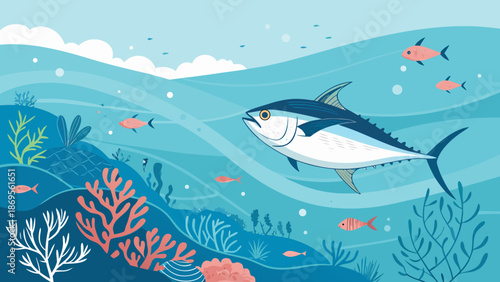 Vector illustration of a cartoon blue shark swimming underwater in the deep blue ocean sea with aquatic marine life animals and fish like tuna in a nature art design
