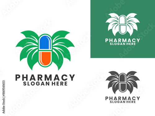 Capsule pills with traditional herbal medicine logo design vector template. Nature Pharmacy logo icon design vector.