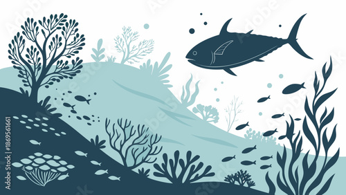 Seamless vector illustration of a cartoon blue fish swimming in an abstract underwater ocean wave pattern with summer sun light and nature design elements