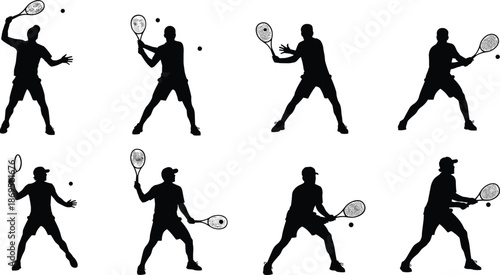 Silhouettes of tennis player in multiple action poses with racket and ball representing sport, training, competition, fitness, and athletic performance