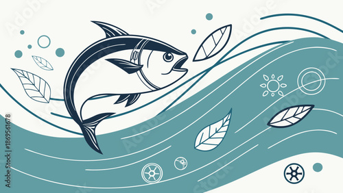 Vector illustration of a blue dolphin and whale swimming in the ocean waves featuring a cartoon marine design with nature silhouettes and water splashes