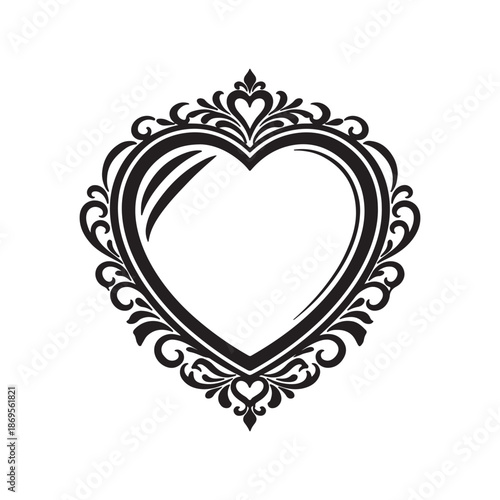 Elegant ornate decorative heart-shaped frame or mirror with intricate scrollwork and flourishes, a romantic vector illustration perfect for wedding designs, invitations, and valentine's day themes