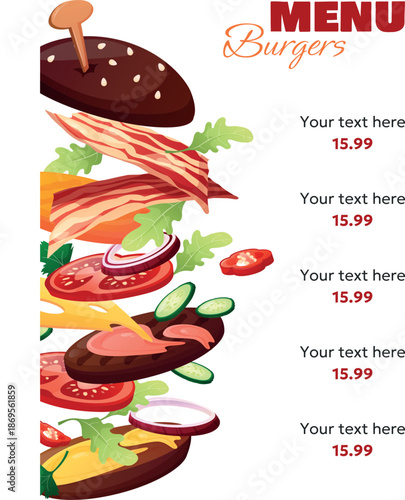Menu page template with a beautiful illustration of a burger with floating ingredients, space for text, and a price tag design