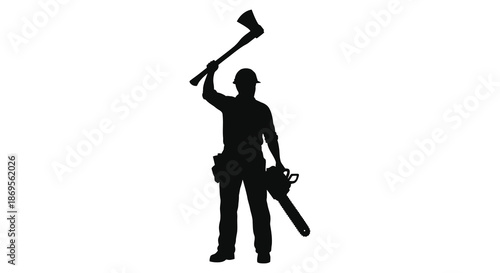Lumberjack with axe and chainsaw raised in the air silhouette