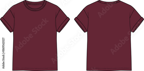 Minimal maroon t shirt front and back view, short sleeve crew neck apparel mockup, casual fashion clothing vector illustration
