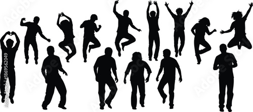 Silhouettes of diverse workers with hard hats performing construction and maintenance tasks including ladder climbing, tool handling, painting, drilling and supervision