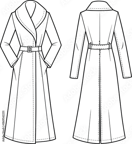Women belted long coat fashion flat front and back view, elegant trench overcoat apparel technical line vector