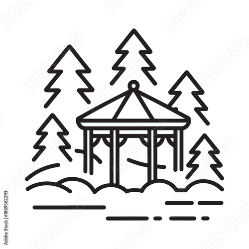 A simple line drawing depicts a gazebo surrounded by evergreen trees and water