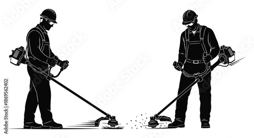 Two construction workers operating machinery a striking black silhouette
