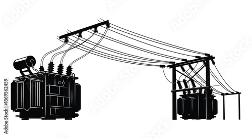 Electrical power infrastructure with transformer and utility poles a dark silhouette