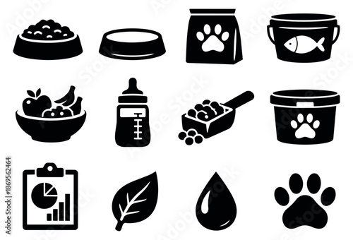 Modern glyph icons set featuring pet care, baby food, fruit, and nature elements for various uses