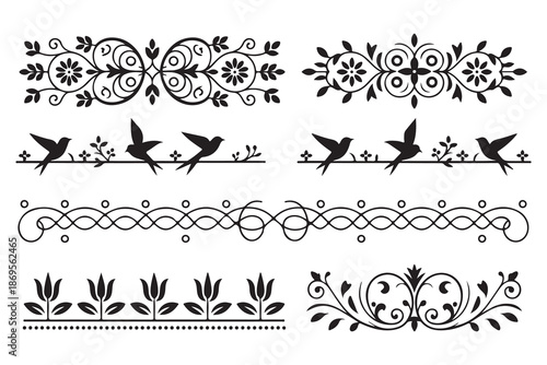 Set of Four Elegant Black Floral and Ornamental Border Dividers Illustration
