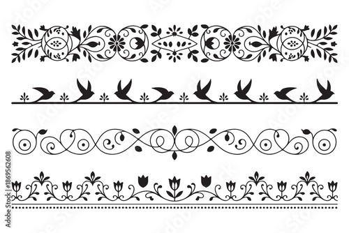 Set of Four Elegant Black Floral and Ornamental Border Dividers Illustration